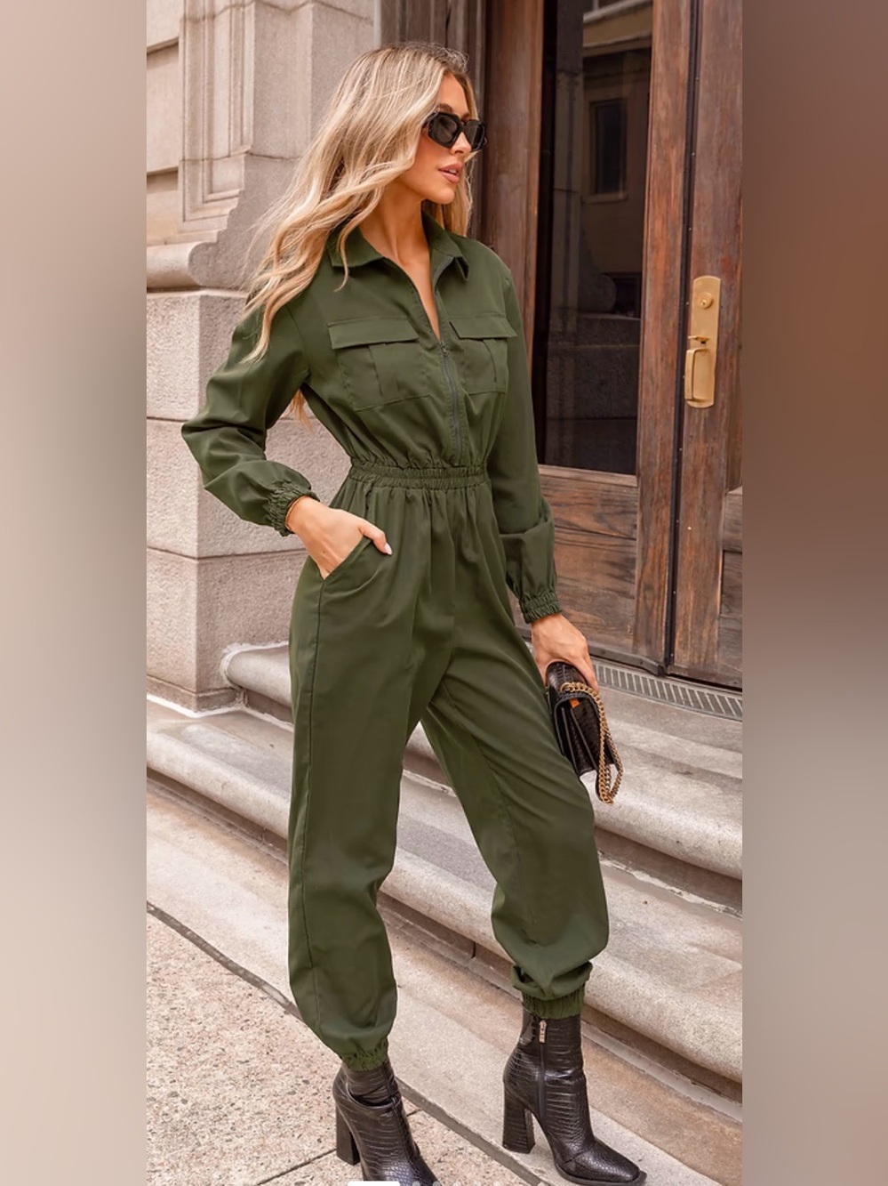 Cupshe Olive Utility Zip-Front Jumpsuit
